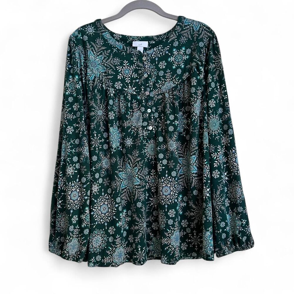 J Jill Women's Green Patterned Long Sleeve Blouse Woman's Size 2XL